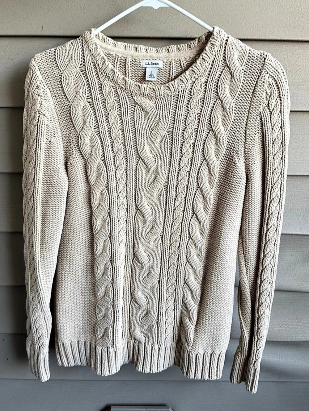 LL Bean Fisherman Sweater Ivory Cable-Knit Cotton Crewneck Womens Sz S Heritage